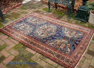 Persian Village-- 4 ft 2 inches x 6 ft 0 inches. Bahktiari? Anything different is good. Definitely unique design. Some loss at the ends; excellent zanjir work securing them.  Approx $20  ...