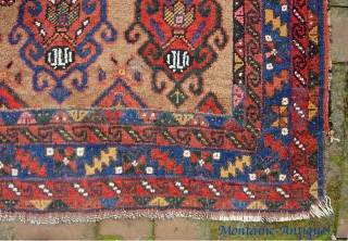 Afshar-- 3 ft 10 inches x 5 ft 6 inches. Decorative little rug with camel ground and scarabs (or whatever). All good dyes. All wool foundation. The warps are candy cane spun  ...