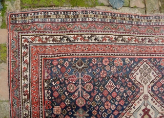 Qashqai-Shekarlu. 5 ft 0 inches x 8 ft 3 inches.  Nice big one. Classic old 19th century medallion (Stone: pp 259). Thin and finely woven. Some exposed wefts here and there.  ...