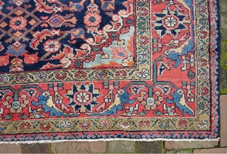 Squarish Hamadan-- 5 ft 2 inches x 6 ft 7 inches. One of two similar from same yard sale. Exceptionally decorative thing with great colors. This one has decent pile through out  ...