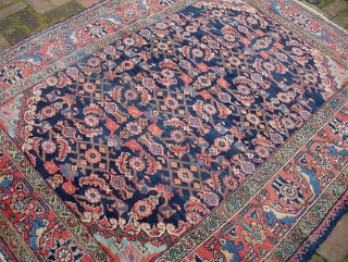 Squarish Hamadan-- 5 ft 2 inches x 6 ft 7 inches. One of two similar from same yard sale. Exceptionally decorative thing with great colors. This one has decent pile through out  ...