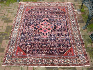 Squarish Hamadan-- 5 ft 4 inches x 6 ft 8 inches. One of two similar from same yard sale. Exceptionally decorative with great colors... especially rose medallion and madder corners. Alas... some  ...