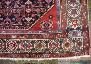 Squarish Hamadan-- 5 ft 4 inches x 6 ft 8 inches. One of two similar from same yard sale. Exceptionally decorative with great colors... especially rose medallion and madder corners. Alas... some  ...