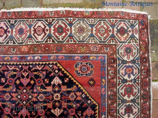 Squarish Hamadan-- 5 ft 4 inches x 6 ft 8 inches. One of two similar from same yard sale. Exceptionally decorative with great colors... especially rose medallion and madder corners. Alas... some  ...