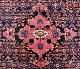 Squarish Hamadan-- 5 ft 4 inches x 6 ft 8 inches. One of two similar from same yard sale. Exceptionally decorative with great colors... especially rose medallion and madder corners. Alas... some  ...