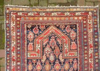 Marasali Shirvan. 3 ft 7 inches x 4 ft 8 inches. Classic piece with good overall pile and incredible colors. One repair: reweave along side guard edge (photo 6)-- about 1/2 inch.  ...