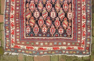 Marasali Shirvan. 3 ft 7 inches x 4 ft 8 inches. Classic piece with good overall pile and incredible colors. One repair: reweave along side guard edge (photo 6)-- about 1/2 inch.  ...