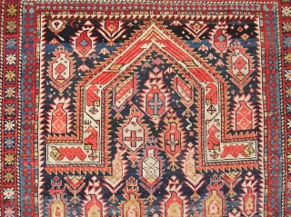 Marasali Shirvan. 3 ft 7 inches x 4 ft 8 inches. Classic piece with good overall pile and incredible colors. One repair: reweave along side guard edge (photo 6)-- about 1/2 inch.  ...