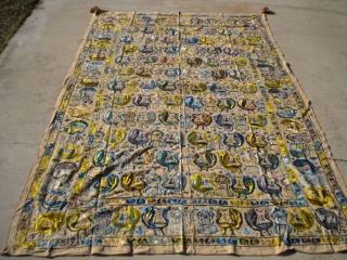 As found: An interesting antique textile measuring 9'x 5'10, is silk on linen, sewn together in the middle, in great condition, not sure of it's origin, beautiful textile.  Thanks for looking. 