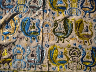 As found: An interesting antique textile measuring 9'x 5'10, is silk on linen, sewn together in the middle, in great condition, not sure of it's origin, beautiful textile.  Thanks for looking. 