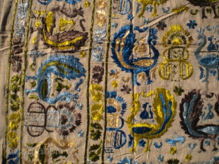 As found: An interesting antique textile measuring 9'x 5'10, is silk on linen, sewn together in the middle, in great condition, not sure of it's origin, beautiful textile.  Thanks for looking. 