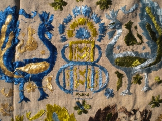 As found: An interesting antique textile measuring 9'x 5'10, is silk on linen, sewn together in the middle, in great condition, not sure of it's origin, beautiful textile.  Thanks for looking. 