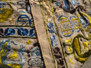 As found: An interesting antique textile measuring 9'x 5'10, is silk on linen, sewn together in the middle, in great condition, not sure of it's origin, beautiful textile.  Thanks for looking. 