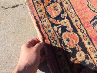 As found: A very early 20th century very finely woven Persian Sarouk with the paint almost worn off measuring 4'4"x 6'6", one side has 39" of binding wear encroaching into pile at  ...