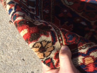 Local Find: A 1920's super fine Bakhtiari rug measuring 6'6"x 5'2" with over 400 knots per square inch.  Has one small area showing foundation (see picture), but other than that, rug  ...