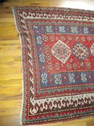Nice 1890's Russian prayer rug with date woven in.  It's probably a Kazak.  Pile is low and even with foundation showing here and there.  Some of the brown has  ...