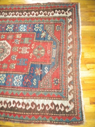 Nice 1890's Russian prayer rug with date woven in.  It's probably a Kazak.  Pile is low and even with foundation showing here and there.  Some of the brown has  ...