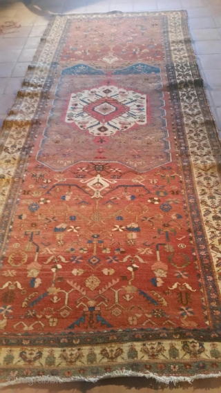 Old NW Persian rug measuring 5'6"x 13'6" that has been reduced in size, the two roughly 1'x 5'6" pieces that were removed are available to put back in the rug.  Thanks  ...