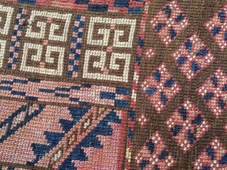 As found: a very nice old floppy tightly woven Turkoman in excellent condition measuring 4'4"x 4'11" that has the nicest wool I've seen in a long time. Rug has been hung on  ...