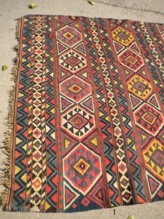 Fresh from an estate as found: a 130 year old complete NW Persian or Southern Caucasian kilim of extraordinary quality, size is 10'6"x4'10".  It is super fine, has great colors, great  ...