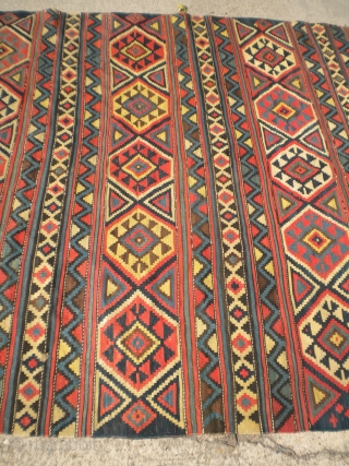 Fresh from an estate as found: a 130 year old complete NW Persian or Southern Caucasian kilim of extraordinary quality, size is 10'6"x4'10".  It is super fine, has great colors, great  ...