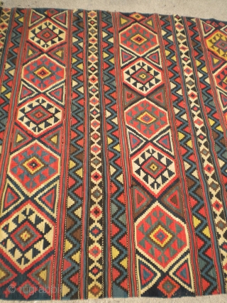 Fresh from an estate as found: a 130 year old complete NW Persian or Southern Caucasian kilim of extraordinary quality, size is 10'6"x4'10".  It is super fine, has great colors, great  ...