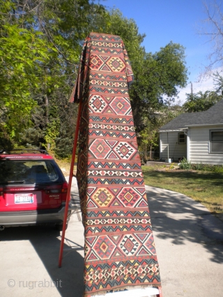 Fresh from an estate as found: a 130 year old complete NW Persian or Southern Caucasian kilim of extraordinary quality, size is 10'6"x4'10".  It is super fine, has great colors, great  ...