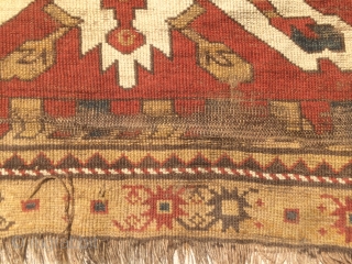 As found: 1880's to 1900's Chelaberd rug measuring 4'8"x 9'8" that needs service. 1.  I am pointing at 2 area's that need better wool match. 2.  one corner needs to  ...