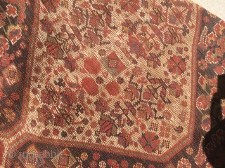 As found: 1900's to 1920's Persian Khamseh in good condition measuring 7'5"x 4'7", three inches difference in width from one end to the other (4'6" to 4'9"), pile is low and even,  ...