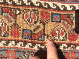 As found: 1900's to 1920's Persian Khamseh in good condition measuring 7'5"x 4'7", three inches difference in width from one end to the other (4'6" to 4'9"), pile is low and even,  ...
