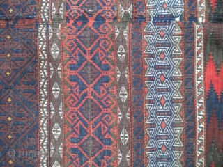 Here is a beautiful turn of the century Baluchi flatwoven rug with multiple styles of weaving, a great specimen, finely woven, size is 5'x8'11", in great condition.  Thanks!    