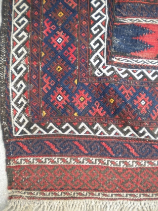 Here is a beautiful turn of the century Baluchi flatwoven rug with multiple styles of weaving, a great specimen, finely woven, size is 5'x8'11", in great condition.  Thanks!    