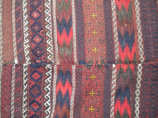 Here is a beautiful turn of the century Baluchi flatwoven rug with multiple styles of weaving, a great specimen, finely woven, size is 5'x8'11", in great condition.  Thanks!    