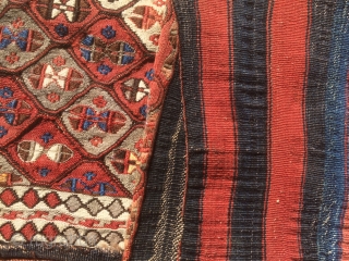 As found: A beautiful very old Eastern Anatolian (Kurdish) saddle bag in very good condition.  Measures 4'6'x 2'8".  The kilim bridge section between the two bags measures 11".  Very  ...