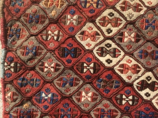 As found: A beautiful very old Eastern Anatolian (Kurdish) saddle bag in very good condition.  Measures 4'6'x 2'8".  The kilim bridge section between the two bags measures 11".  Very  ...