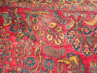 Fresh from an estate as found: A 1920's Persian sarouq, size is 11'10"x8'10".  It has good wool, good weave, good colors, but unfortunately, has wear almost down to the foundation in  ...