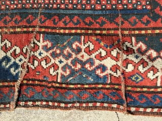 As found: Late 1800's Kazak measuring 3'9" to 4'1" wide by 7'5" long, has foundation showing, has four puckered wear area's, has minor loss of pile at one end, needs attention to  ...