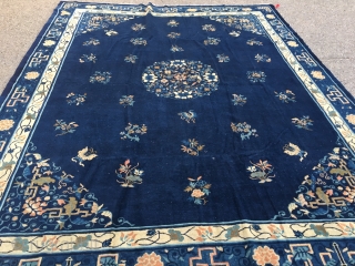 Old Chinese carpet with some light scattered wear measuring 8'10"x 11'3" woven with glossy, organic wool. Nice Carpet!               