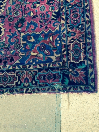 Rug Pickers find as found: A 1920's to 1930's Hamadan Region Sarouk type of rug measuring 4'6"x 7'6" with a hole at one end.  The rug needs overcasting and possibly some  ...
