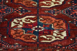 As found: An early 20th century Turkoman carpet measuring 7'5"x 11'4", light even wear, couple of old repairs that are hard to notice, and an area with some discoloration.  Thanks for  ...