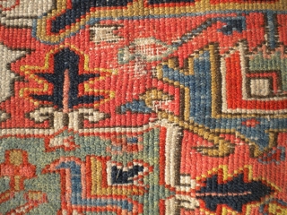 RUG-PICKERS FIND AS FOUND: A 1920'S BLANKET-SUPPLE-LIKE PERSIAN HERIZ, SIZE IS 8'X10'5", HAS 5 OR 6 AREA'S THAT HAS FOUNDATION SHOWING, ENDS ARE MISSING PART OF OUTER MINOR GUARD BORDER, BEAUTIFUL COLORS,  ...