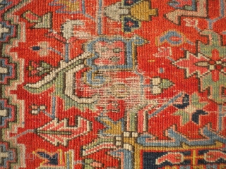 RUG-PICKERS FIND AS FOUND: A 1920'S BLANKET-SUPPLE-LIKE PERSIAN HERIZ, SIZE IS 8'X10'5", HAS 5 OR 6 AREA'S THAT HAS FOUNDATION SHOWING, ENDS ARE MISSING PART OF OUTER MINOR GUARD BORDER, BEAUTIFUL COLORS,  ...