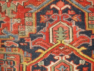 RUG-PICKERS FIND AS FOUND: A 1920'S BLANKET-SUPPLE-LIKE PERSIAN HERIZ, SIZE IS 8'X10'5", HAS 5 OR 6 AREA'S THAT HAS FOUNDATION SHOWING, ENDS ARE MISSING PART OF OUTER MINOR GUARD BORDER, BEAUTIFUL COLORS,  ...