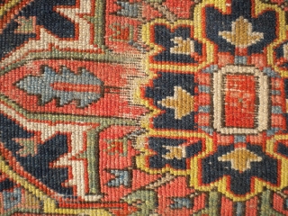 RUG-PICKERS FIND AS FOUND: A 1920'S BLANKET-SUPPLE-LIKE PERSIAN HERIZ, SIZE IS 8'X10'5", HAS 5 OR 6 AREA'S THAT HAS FOUNDATION SHOWING, ENDS ARE MISSING PART OF OUTER MINOR GUARD BORDER, BEAUTIFUL COLORS,  ...