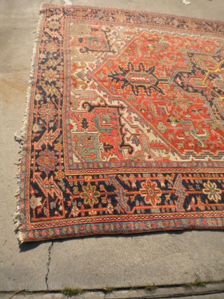 RUG-PICKERS FIND AS FOUND: A 1920'S BLANKET-SUPPLE-LIKE PERSIAN HERIZ, SIZE IS 8'X10'5", HAS 5 OR 6 AREA'S THAT HAS FOUNDATION SHOWING, ENDS ARE MISSING PART OF OUTER MINOR GUARD BORDER, BEAUTIFUL COLORS,  ...