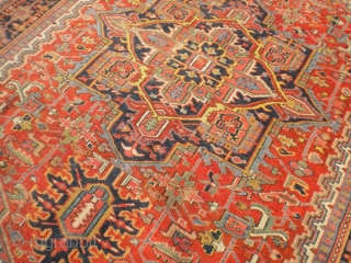 RUG-PICKERS FIND AS FOUND: A 1920'S BLANKET-SUPPLE-LIKE PERSIAN HERIZ, SIZE IS 8'X10'5", HAS 5 OR 6 AREA'S THAT HAS FOUNDATION SHOWING, ENDS ARE MISSING PART OF OUTER MINOR GUARD BORDER, BEAUTIFUL COLORS,  ...