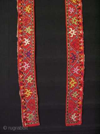 Uzbekistan Lakay fragment. Chain stitch fine embroidery from Shahrisebz. Late 19th century. Size of each panel is 48" - 121 cm long and 3.5" - 9 cm wide, top panel is 3.5"  ...