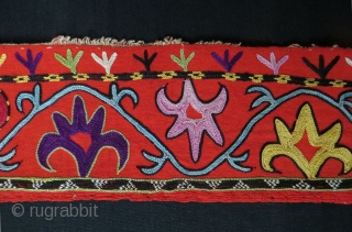 Uzbekistan Lakay fragment. Chain stitch fine embroidery from Shahrisebz. Late 19th century. Size of each panel is 48" - 121 cm long and 3.5" - 9 cm wide, top panel is 3.5"  ...