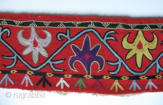 Uzbekistan Lakay fragment. Chain stitch fine embroidery from Shahrisebz. Late 19th century. Size of each panel is 48" - 121 cm long and 3.5" - 9 cm wide, top panel is 3.5"  ...