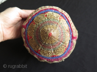 Afghan Metallic and Silk Embroidered Hat. Fine silk and strong metallic running and couching stitch embroidery. Size: 5.9" - 15 cm high and 7.1" - 18 cm wide in diameters.   